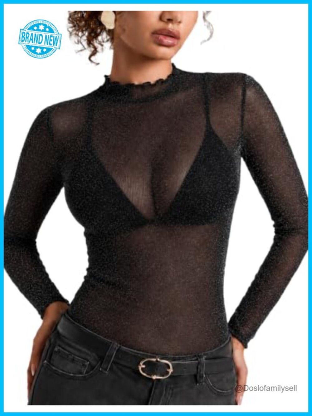 Sheer Mesh Mock Neck Long Sleeve Sparkly Going Out Top